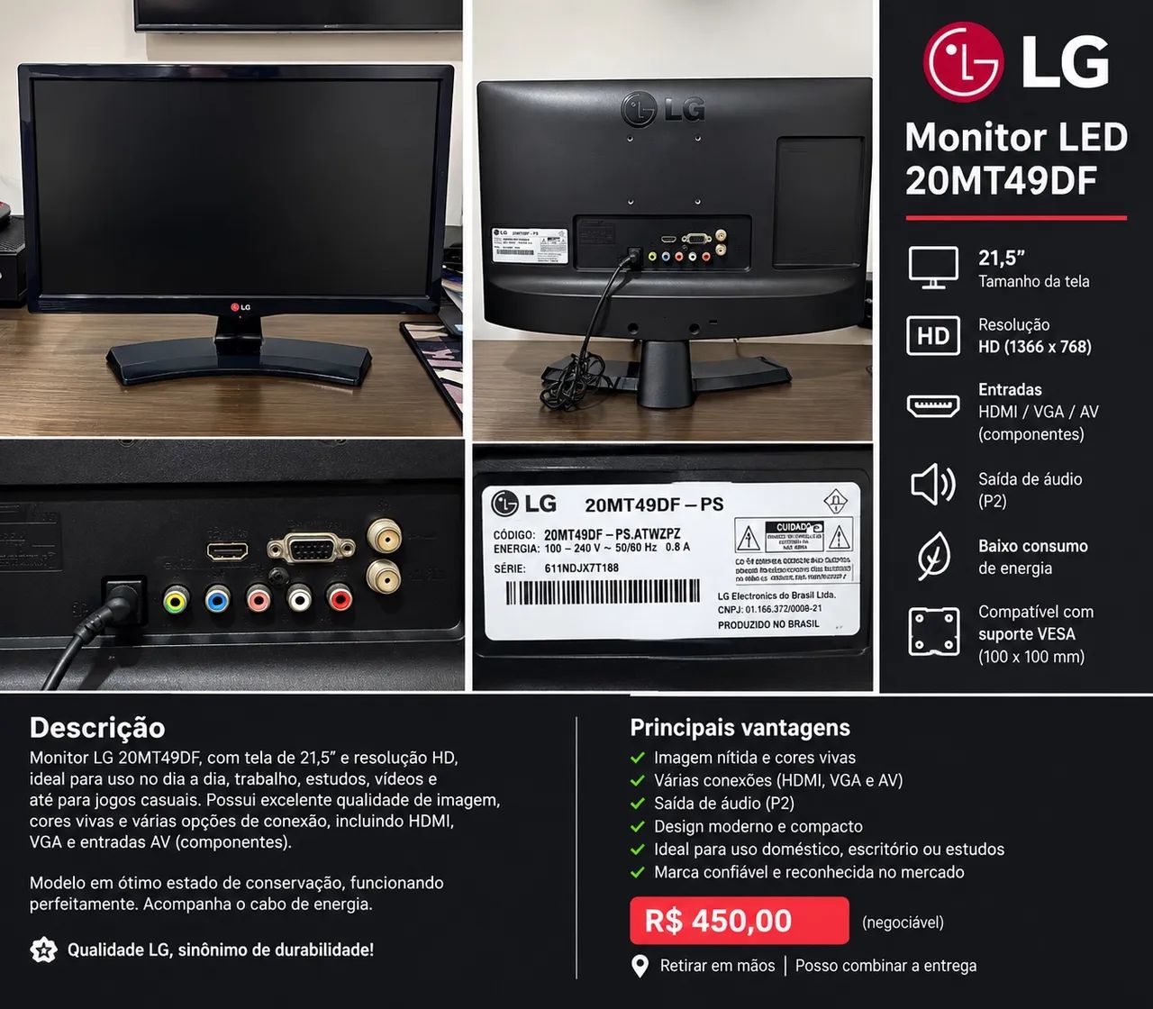 ? Monitor/TV LG 20MT49DF 21,5? ? HDMI + VGA - Foto 2