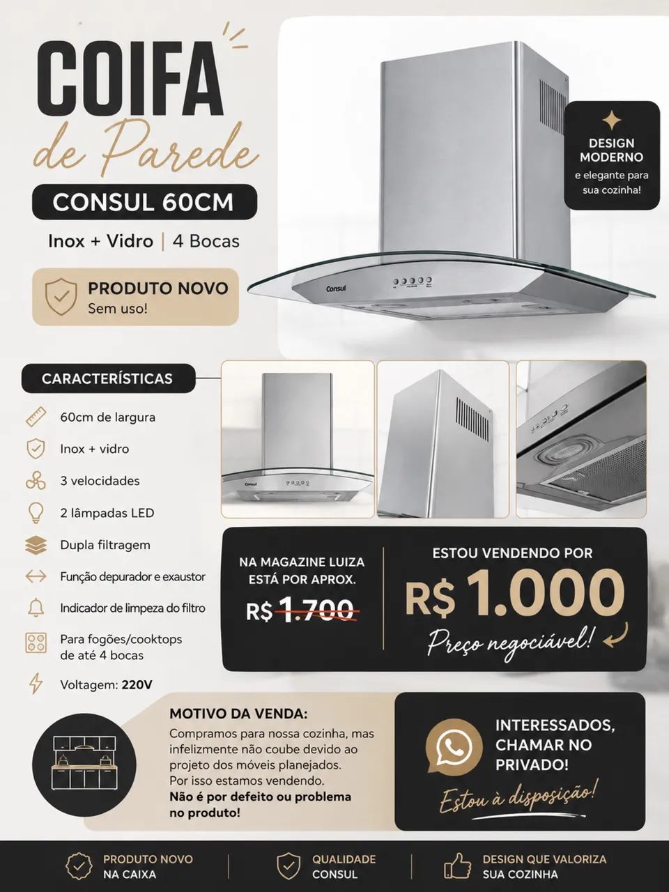 Coifa de Parede Nova CAP60AR - Nunca Usada | R$ 1.000