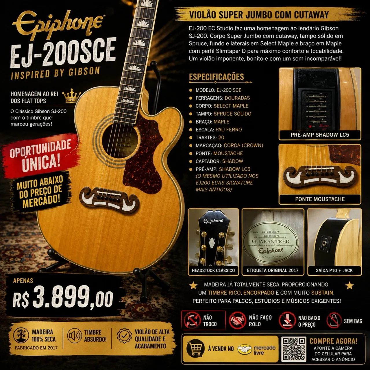Epiphone EJ-200SCE - OPORTUNIDADE ÚNICA - Foto 5