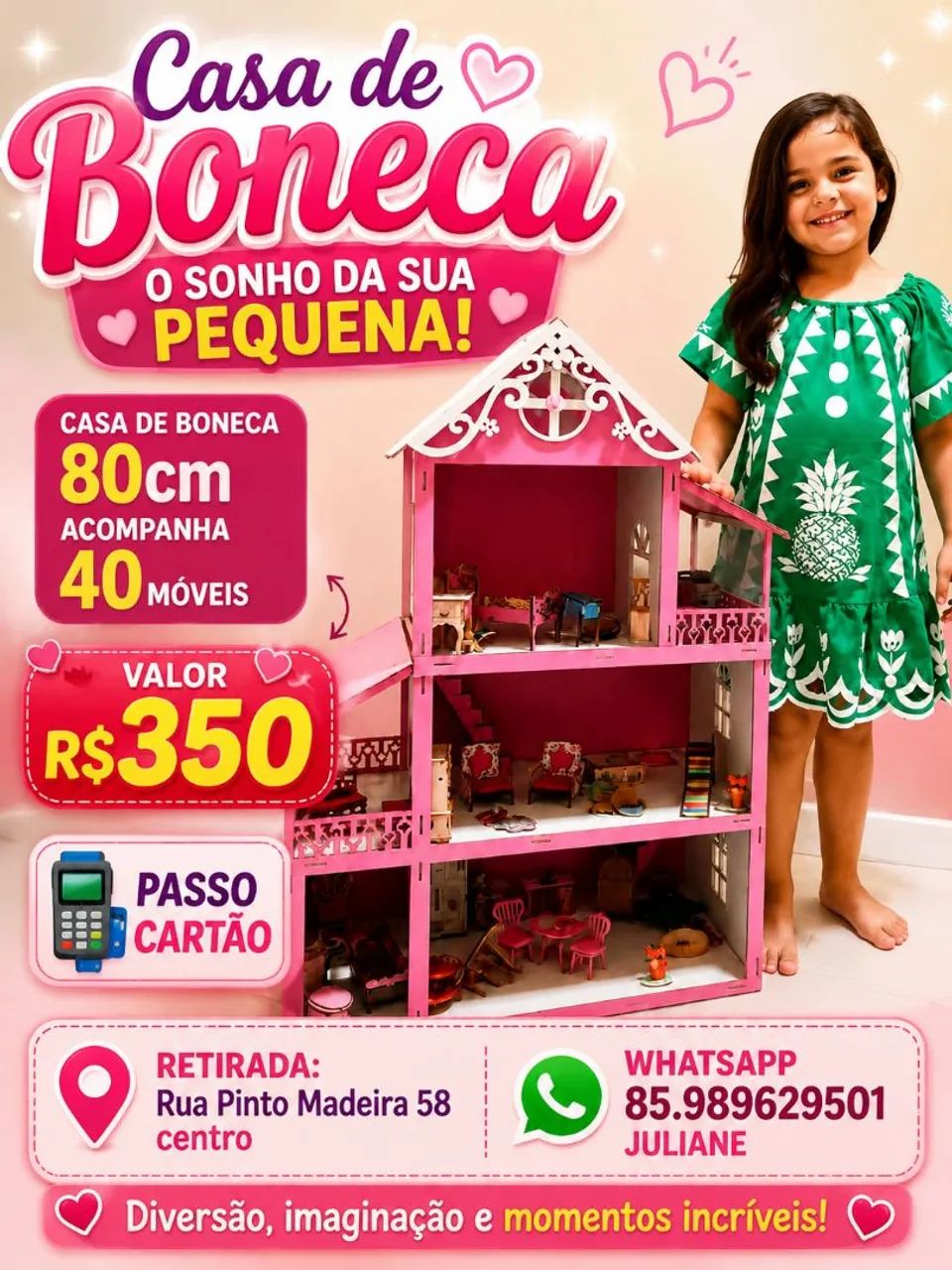 Casa de boneca extra grande 80cm + móveis 