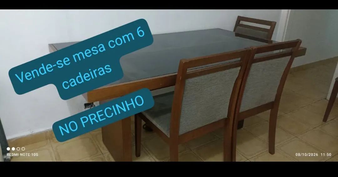 Mesa 6 cadeiras com tampo de vidro 