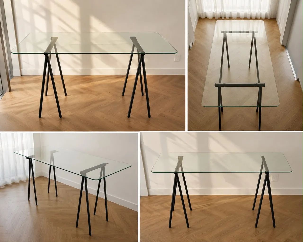 Mesa Escritório Vidro Com Cavaletes Pretos 160x80x75