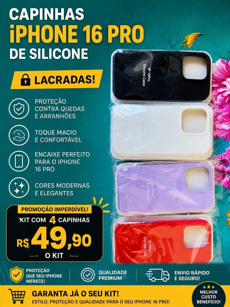 Kit 4 capas de iPhone 16 pro de silicone e aveludadas por dentro 