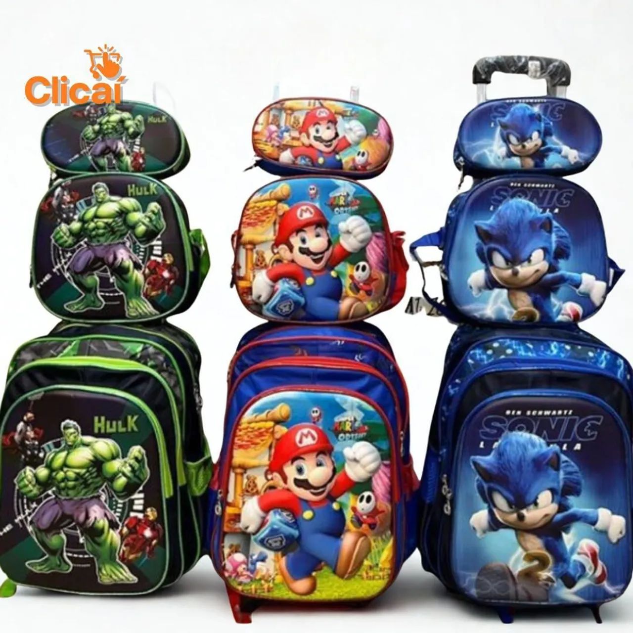 Mochila 3D com rodinhas . Lancheira e estojo