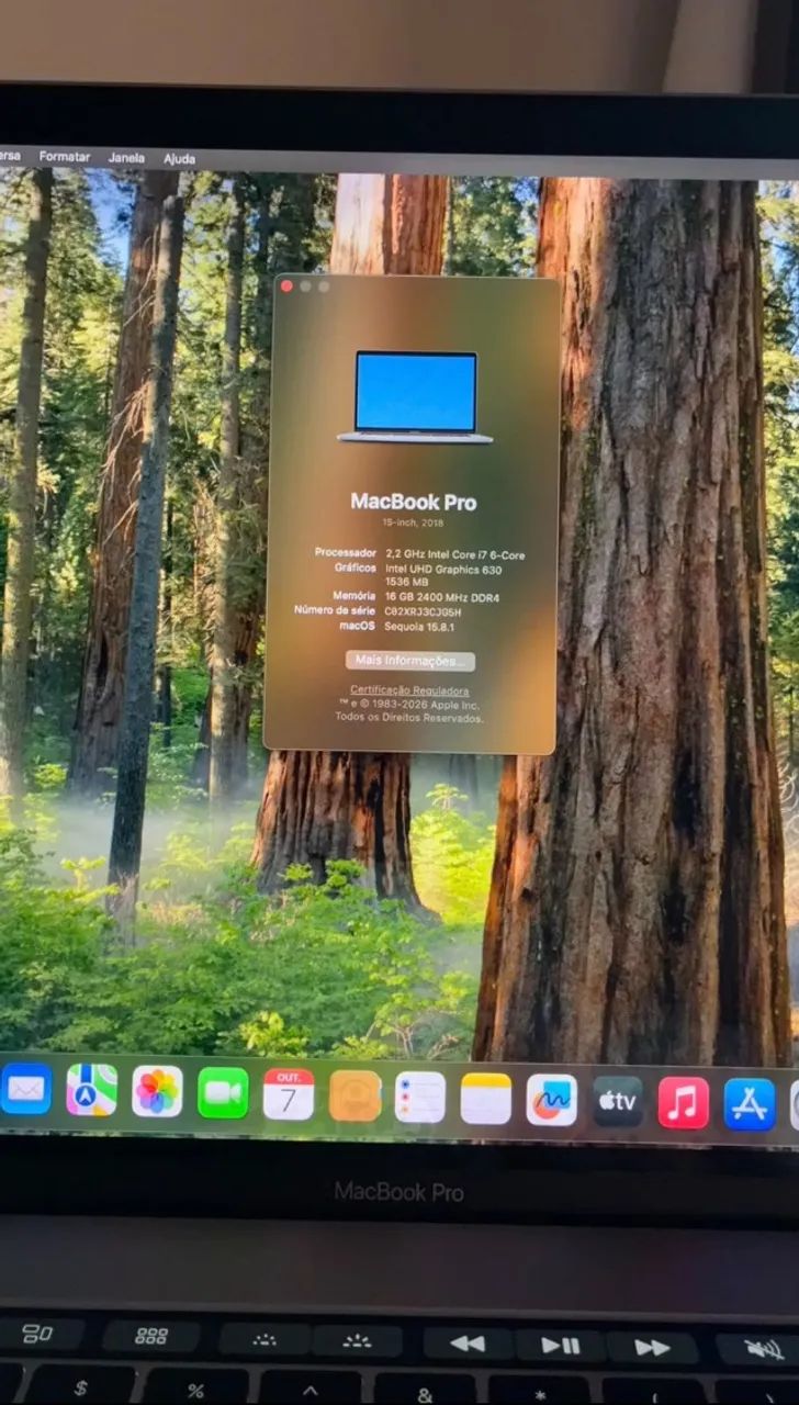 MacBook Pro 2018 i7 16GB 256GB 15 polegadas com Touch Bar e