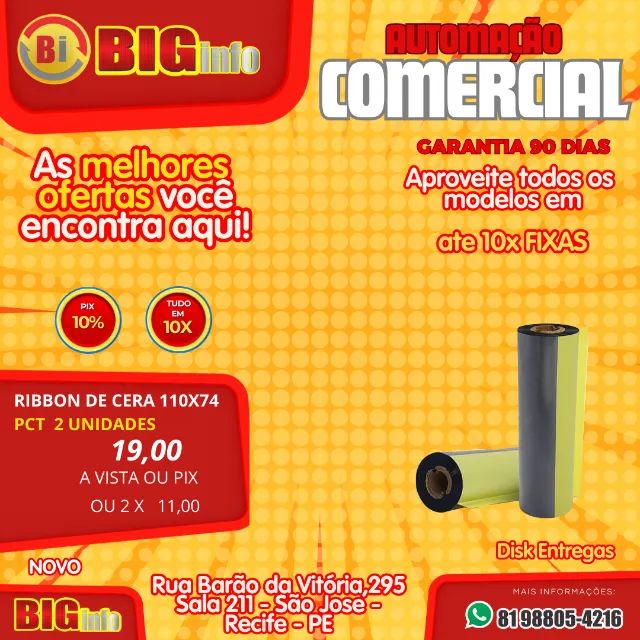 2 Ribbon + 110x74m Cera P/ Impressora Termica -Elgin - Argox - Zebra