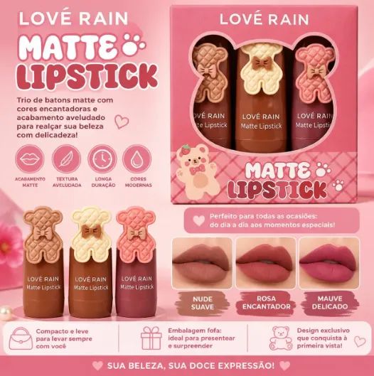 Kit 03 Batom Love Rain Matte Cremoso - Foto 3