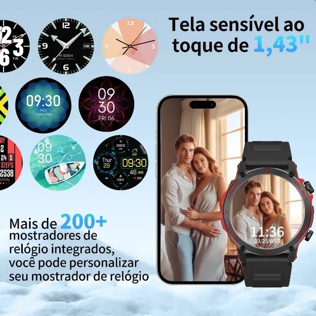 Smartwatch PEJE ZW13 com Tela AMOLED de 1.43" para Chamadas Bluetooth e 2 Pulseiras - Foto 2