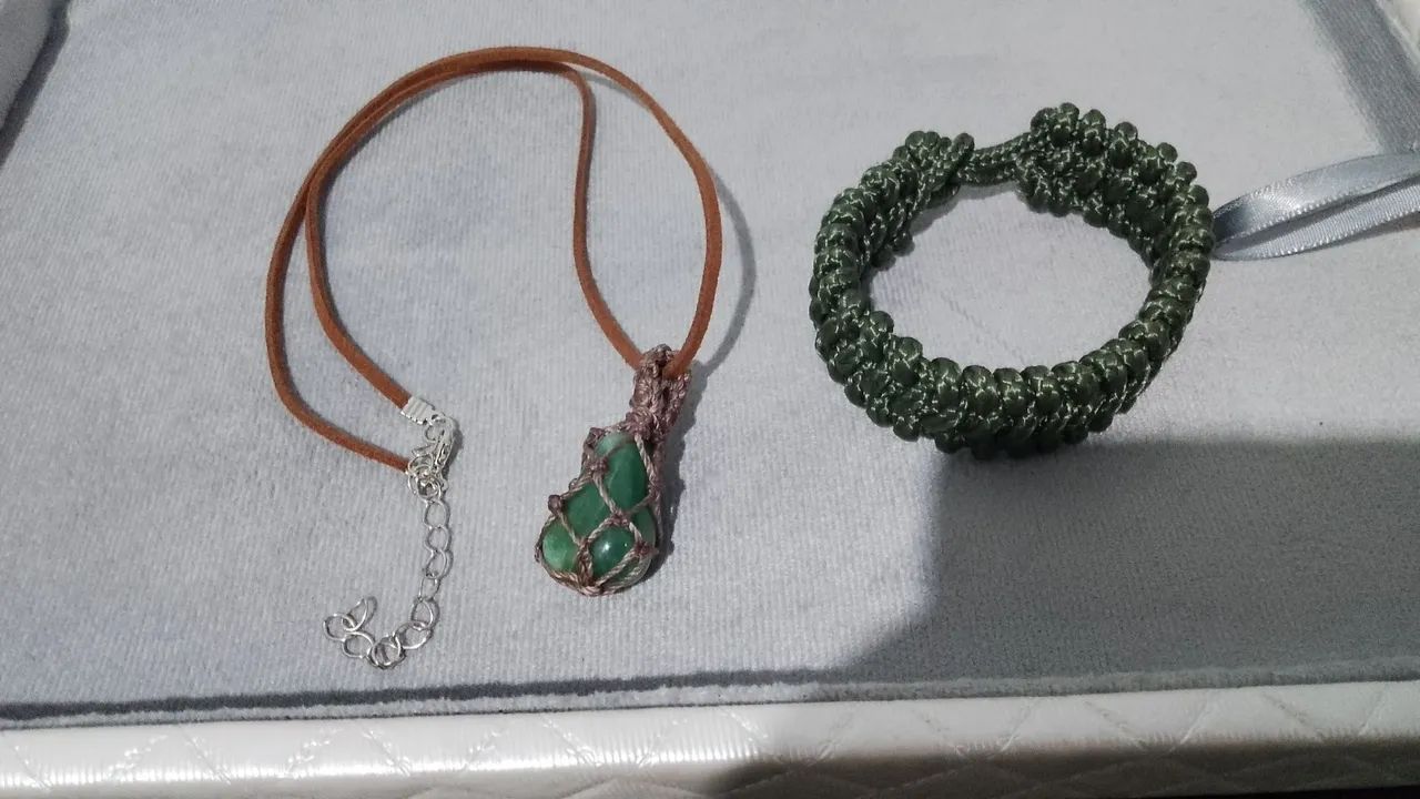 Conjunto Artesanal Boho Colar Quartzo Verde + Pulseira - Foto 3