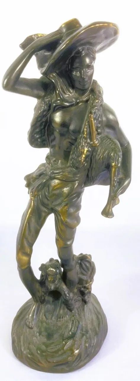 Grande Escultura Metal patinado representando Camponês e seu cachorro ao gosto europeu - Foto 6