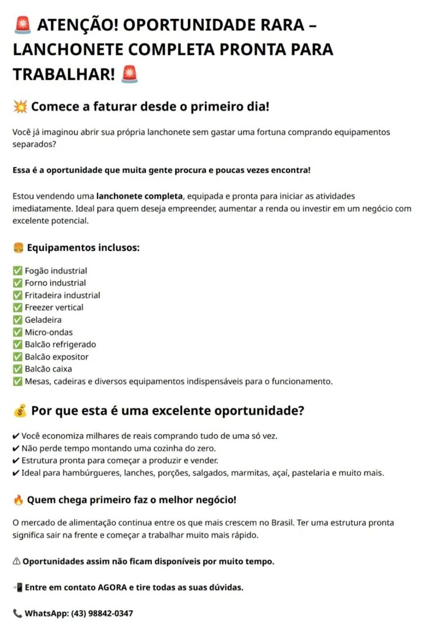 Lanchonete completa - oportunidade única 