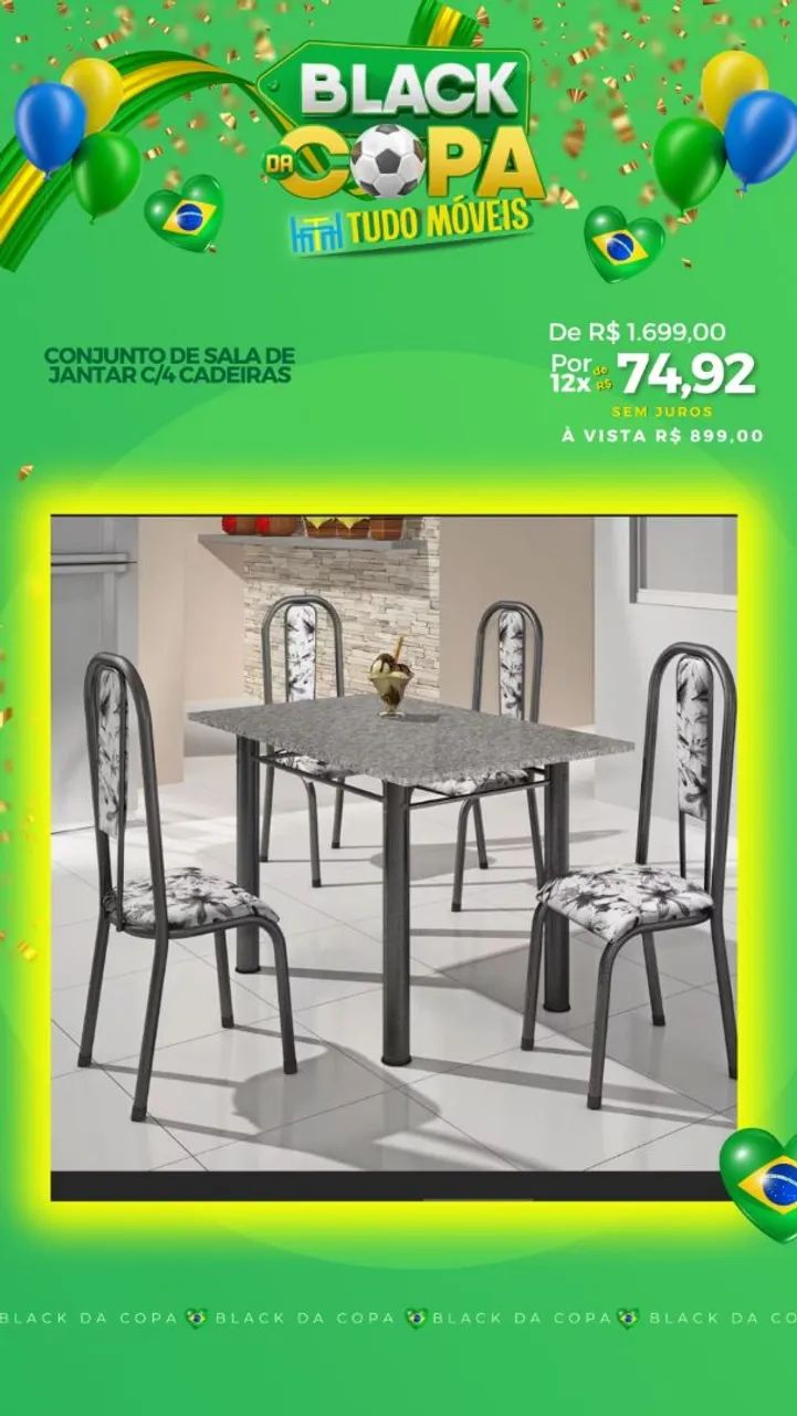 Conjunto de jantar em aço com tampo em granito e 4 cadeiras 