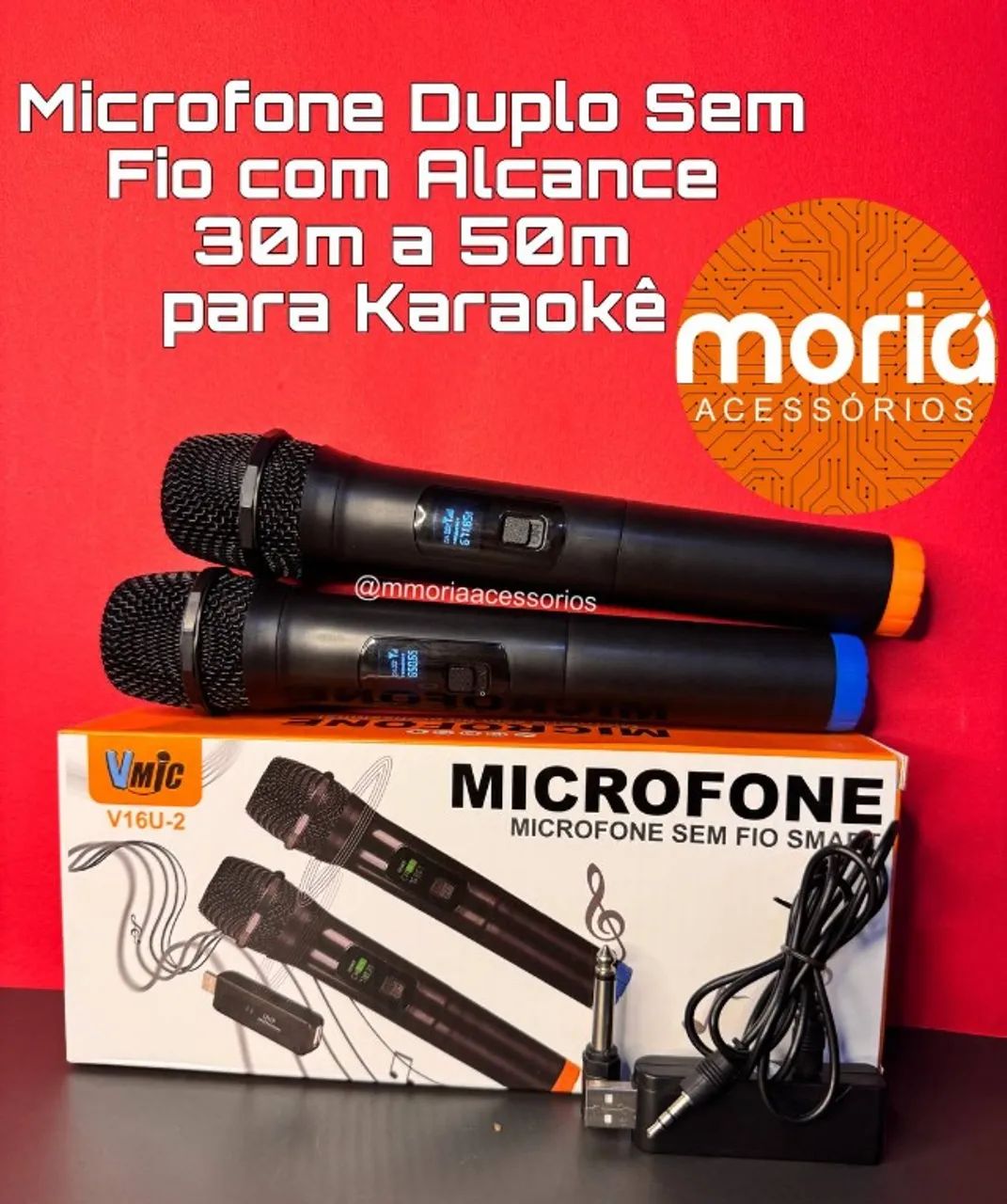 Microfone Duplo Sem Fio Dinâmico Profissional Recarregável V16U Com Receptor USB - Foto 2