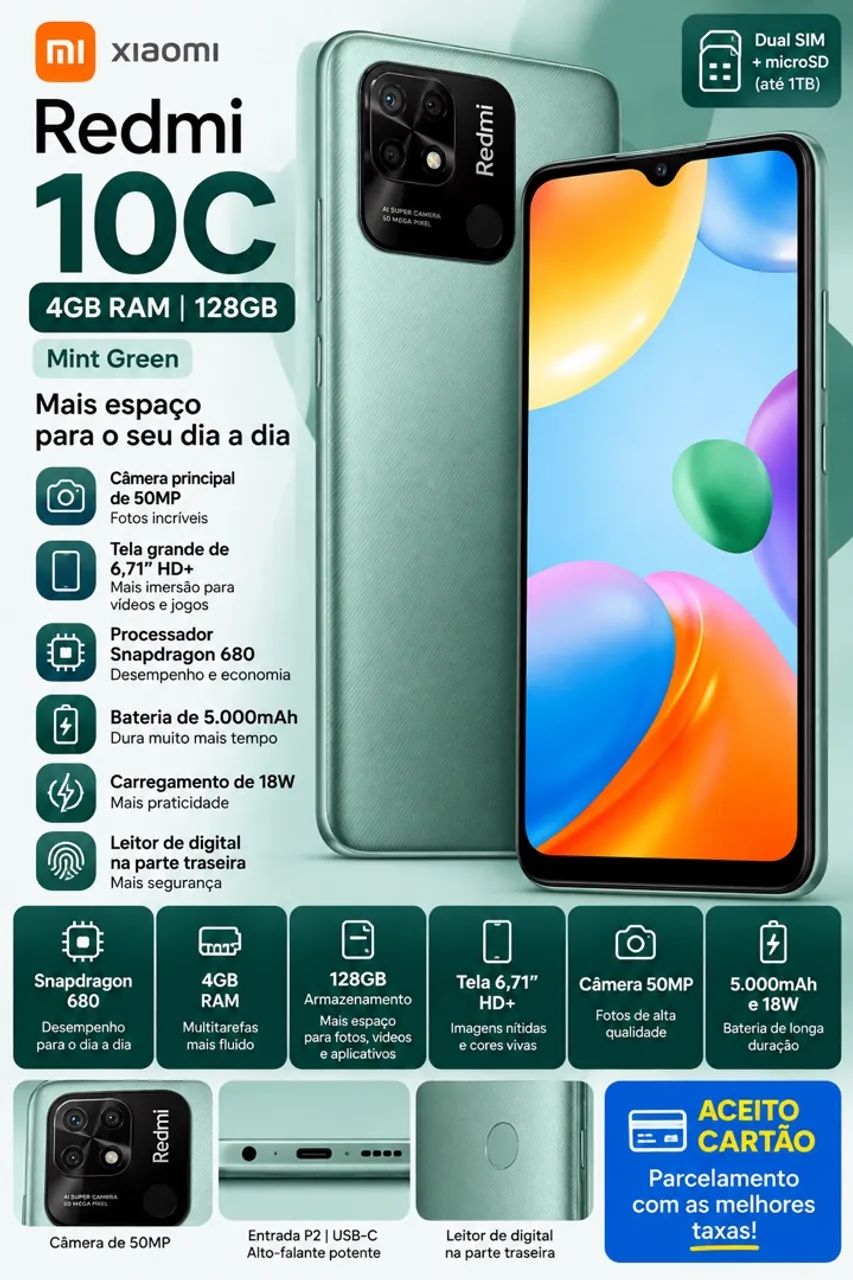 Xiaomi Redmi 10C - 128GB | 4GB RAM | Mint Green - Celulares e
