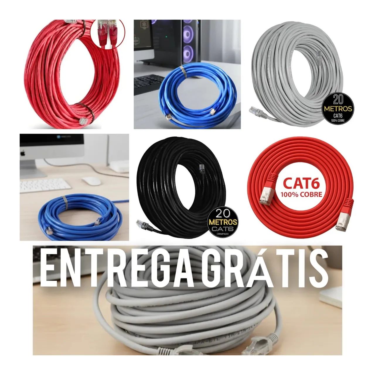 Cabo de rede CAT.5e e CAT.6 100% cobre 1gbps 5m 10m 15m 20m 25m 30m 35m 40m 50m 60m 