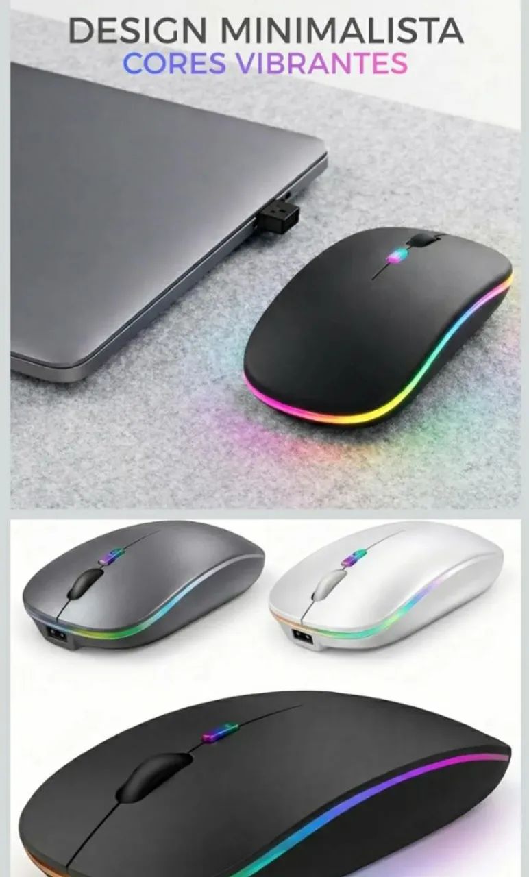 Mouse sem fio Recarregável com RGB colorido - Periféricos e