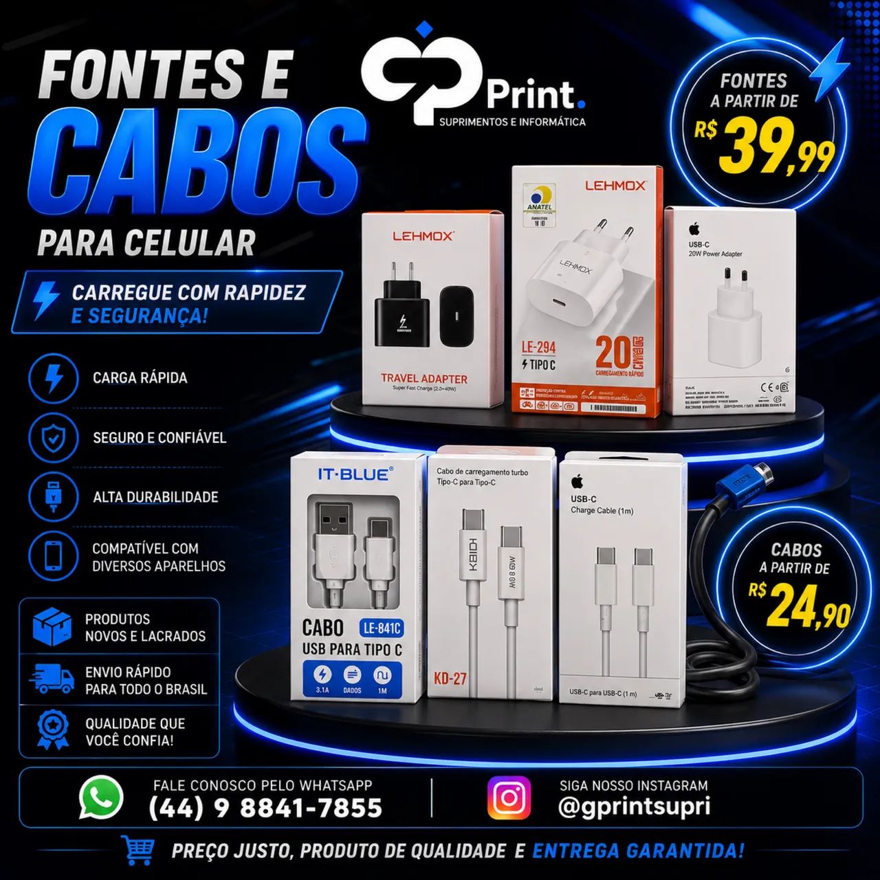 Fontes e Cabos para Celular | Carregamento Rápido 