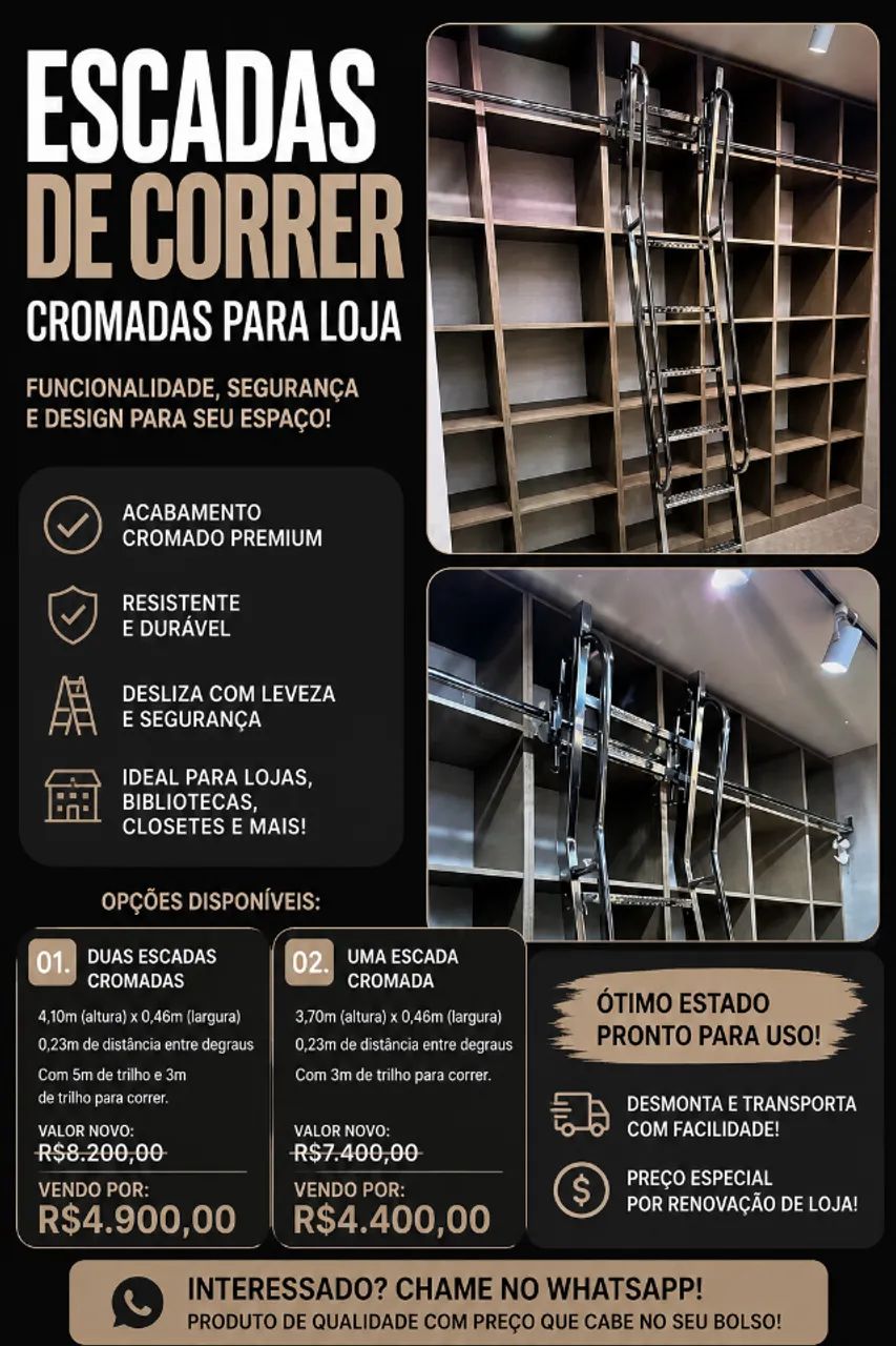 Escada de Correr Cromada para Loja com Trilho - Foto 2