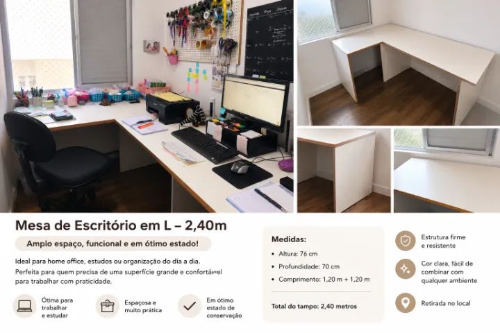 Mesa em L para Home Office 1,20 x 1,20 | Muito Conservada