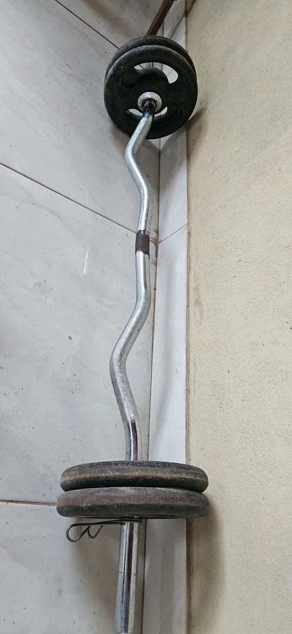 Kit Musculação Cromado - Barra W, Halteres e Anilhas (Usado)