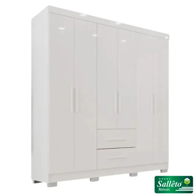 Roupeiro Solteiro Estrela Branco 6 Portas 2 Gavetas C/Pés Larg. 1.50m