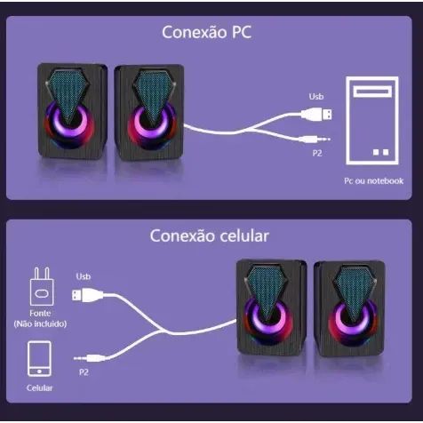 Caixa de som Pc Gamer Com Luz RGB Estéreo 2.0 Para Computador Notebook - Foto 4
