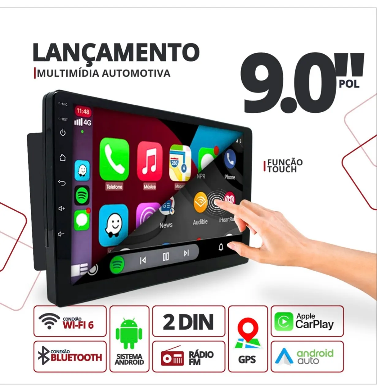 Central Multimídia Automotiva 9.0" Android Wi-Fi CarPlay Bluetooth