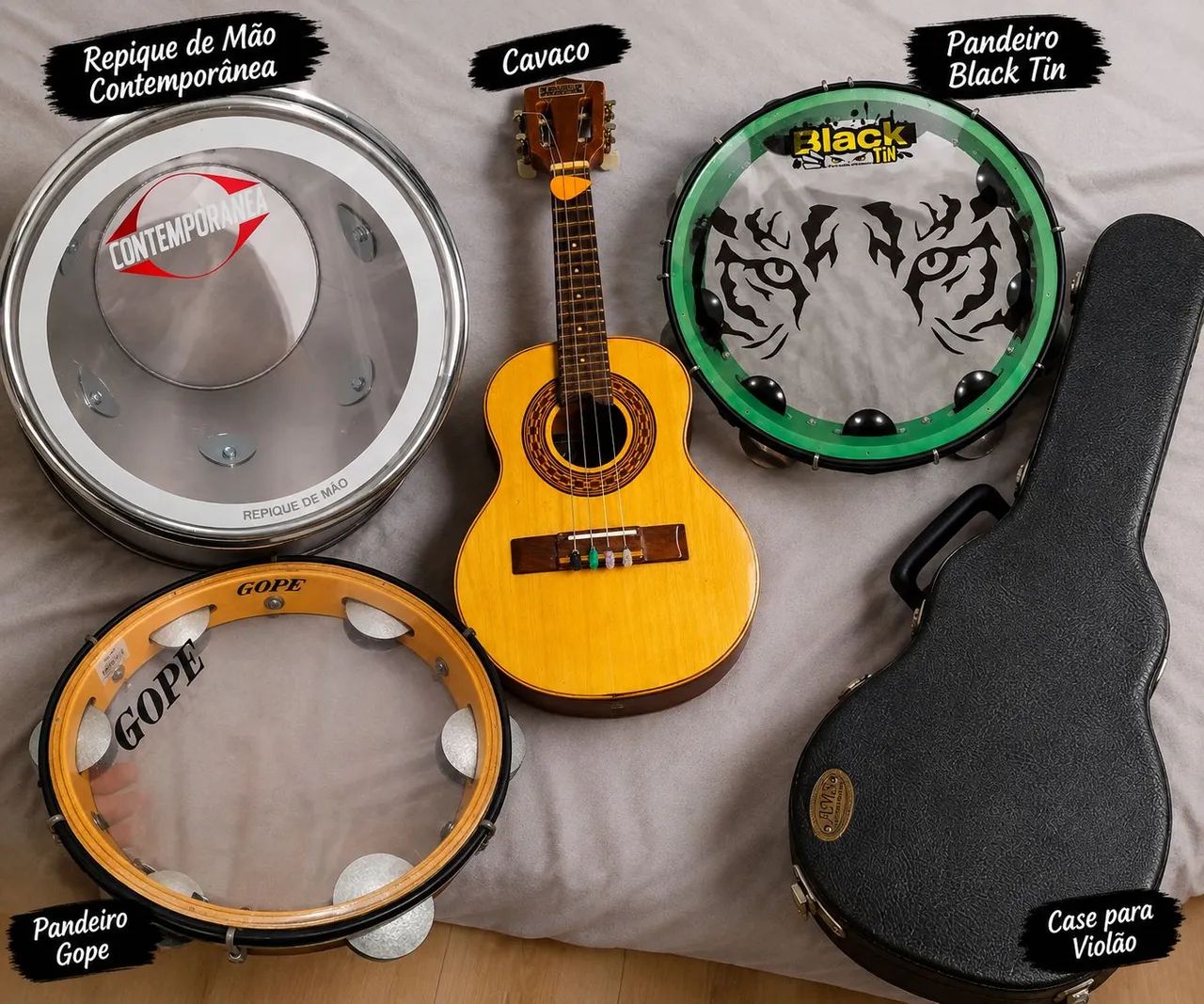 Kit pagode: cavaco, pandeiros, repique de mão e case 