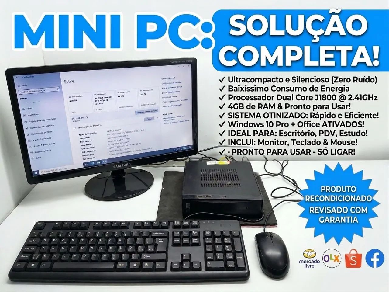 Mini PC Completo Intel | 4GB RAM | Windows 10 + Office | Monitor, Teclado e Mouse