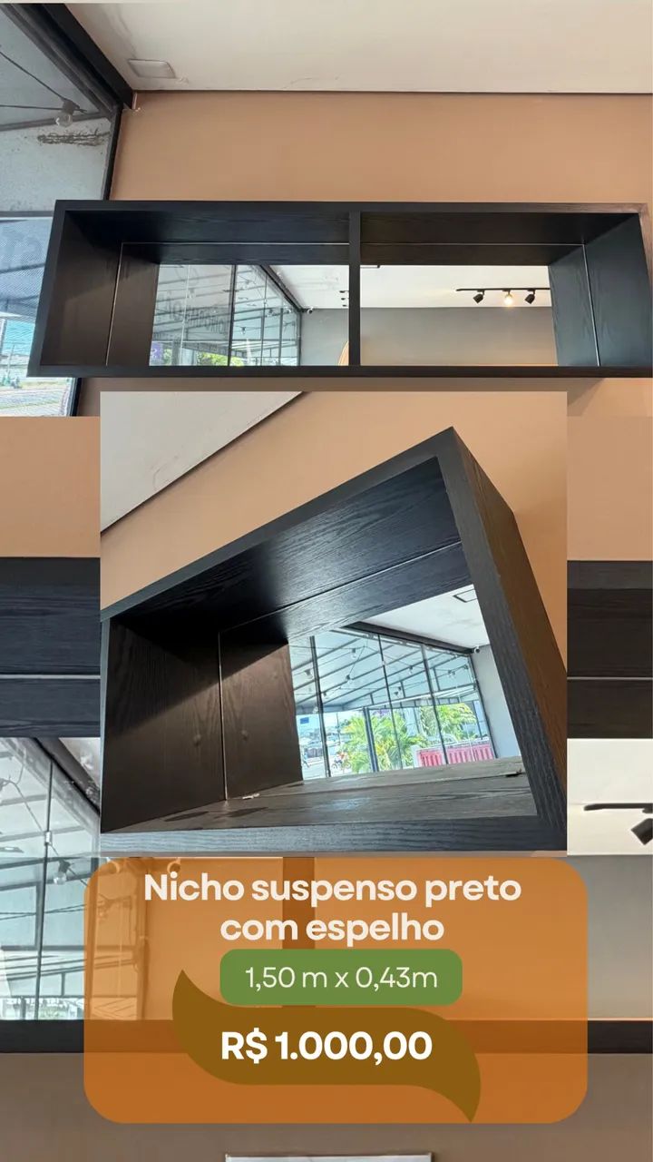 Nicho suspenso preto com espelho - 1,50 x 0,43m