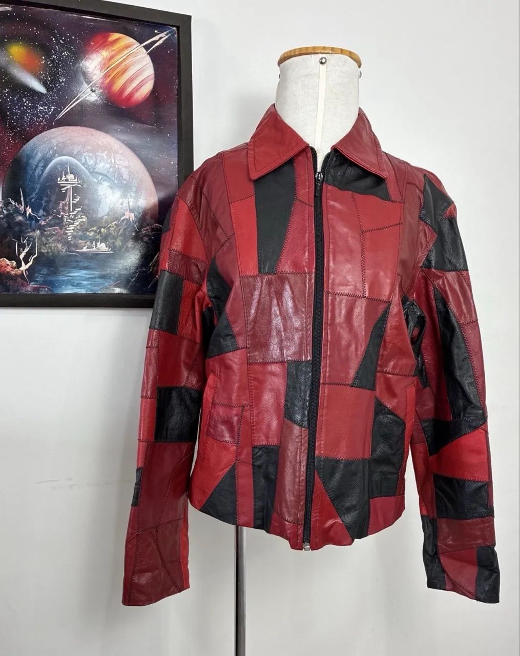 jaqueta de couro legítimo patchwork m