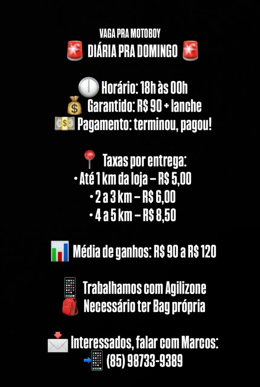 VAGA PRA MOTOBOY NA DIÁRIA 