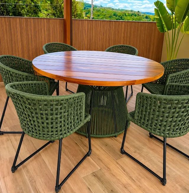 Mesa área gourmet com cadeiras em corda náutica 