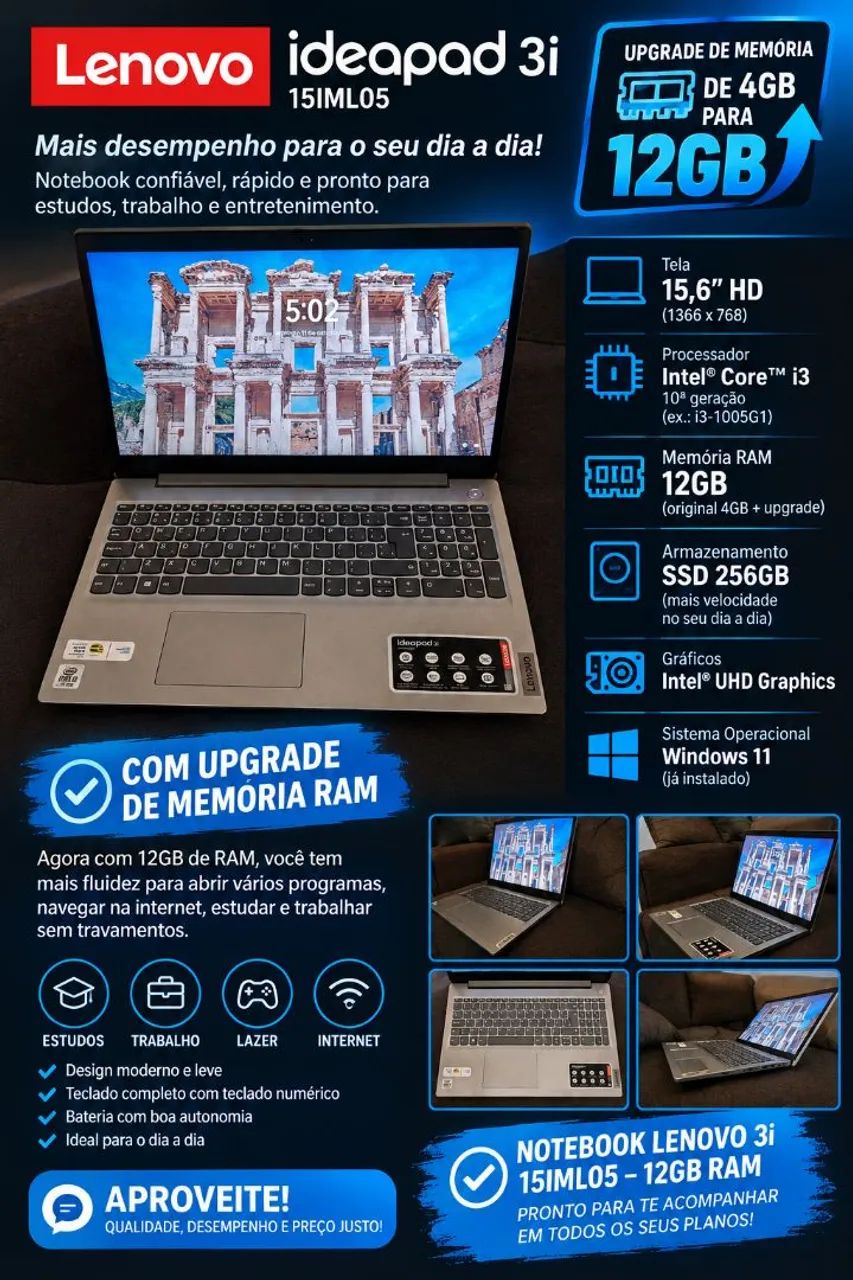 Notebook Lenovo 3i - 15.6 polegadas - CPU intel