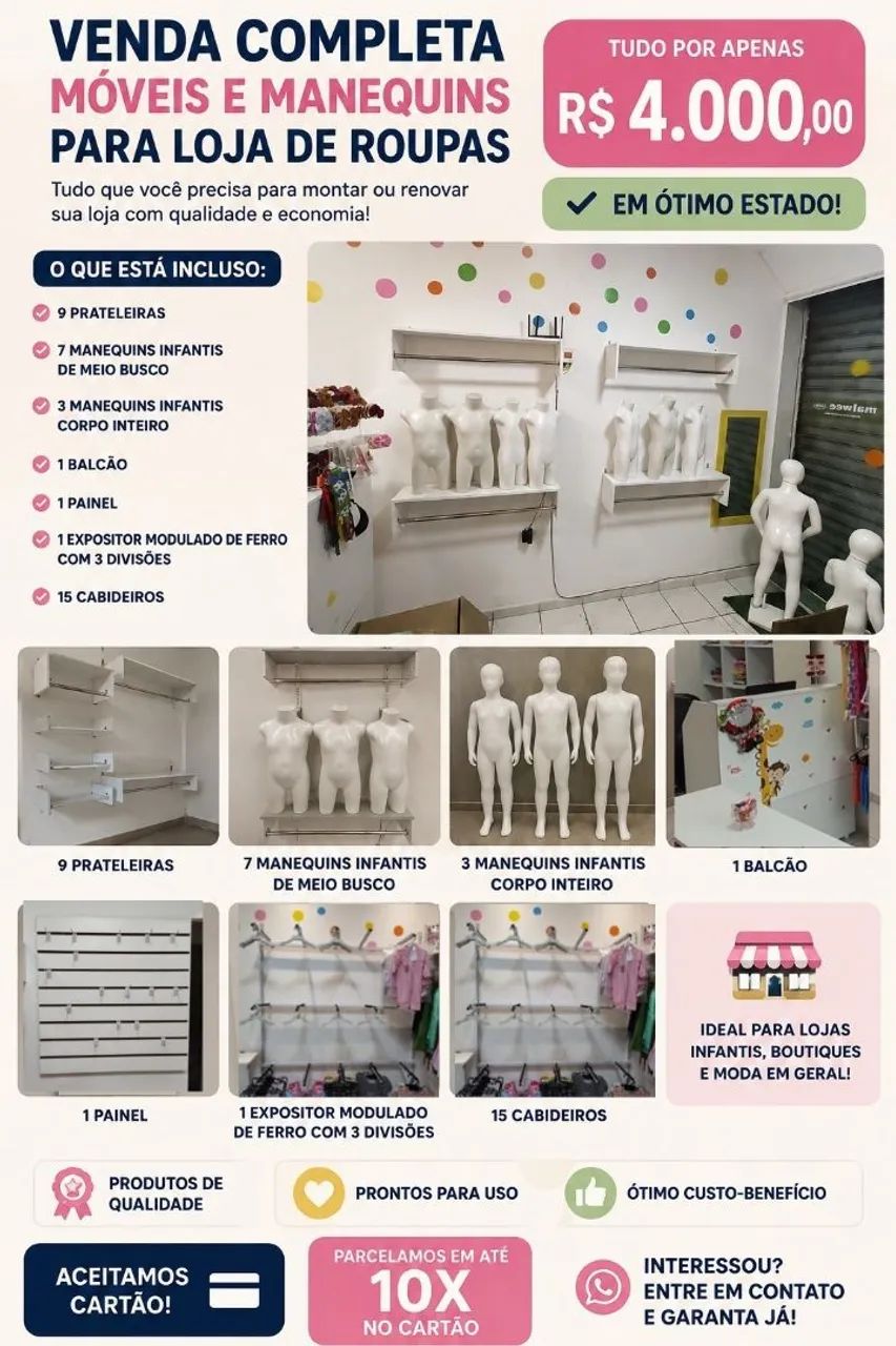 VENDO KIT COMPLETO DE MÓVEIS E MANEQUINS PARA LOJA DE ROUPAS
