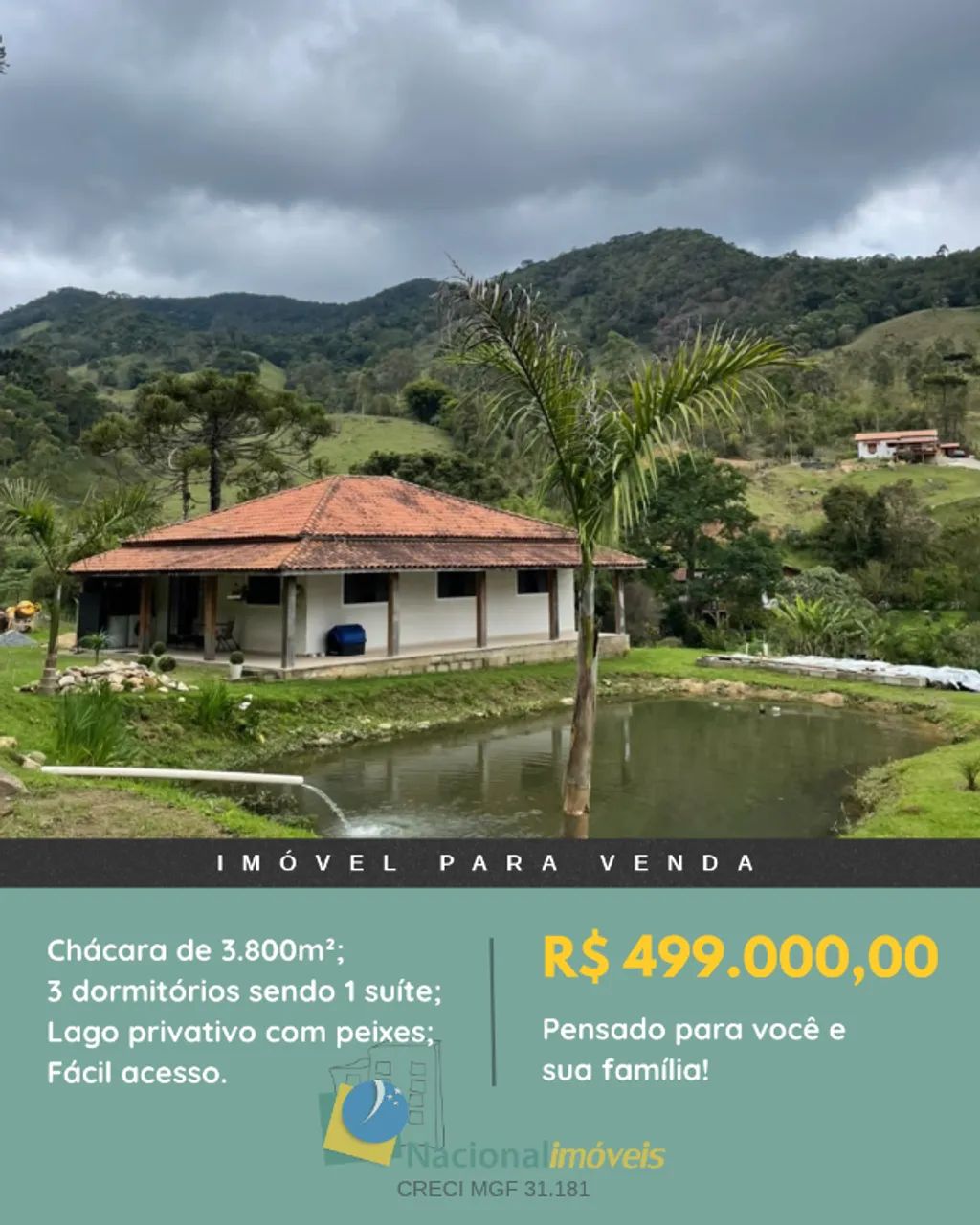 Chácara completa com lago em terreno de 3.800m²