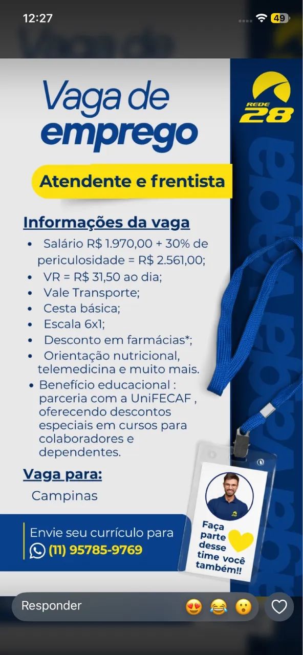 VAGA FRENTISTA CAMPINAS SP