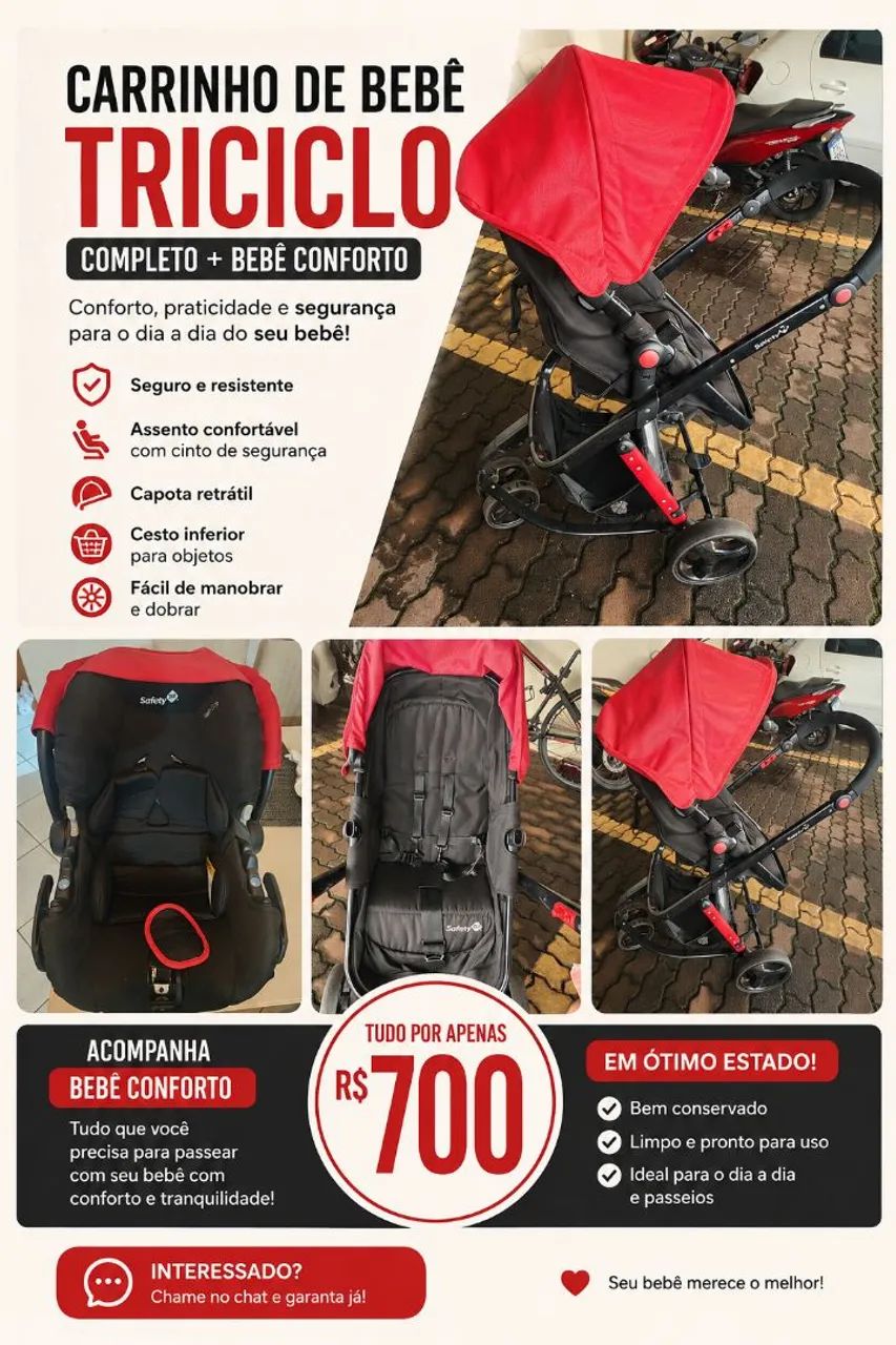 Carrinho de bebê safety triciclo completo 