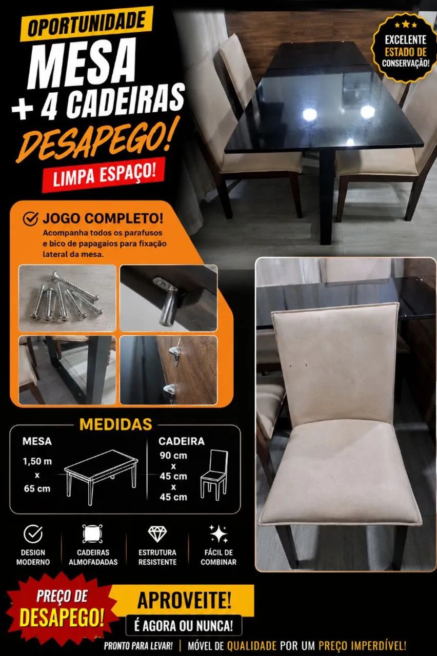 Jogo mesa com 4 cadeiras  almofadadas - excelente estado - preço de desapego 