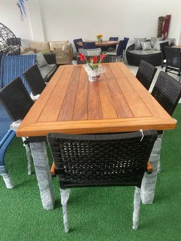 Conjunto mesa Itália tampo madeira perobas / cadeiras corda nautica - Foto 3