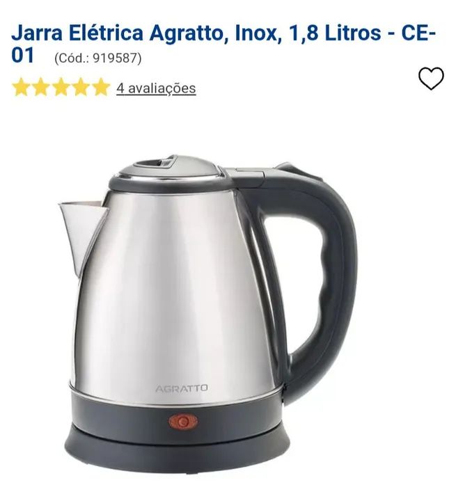 Chaleira elétrica agratto inox 1, 8litros 110v