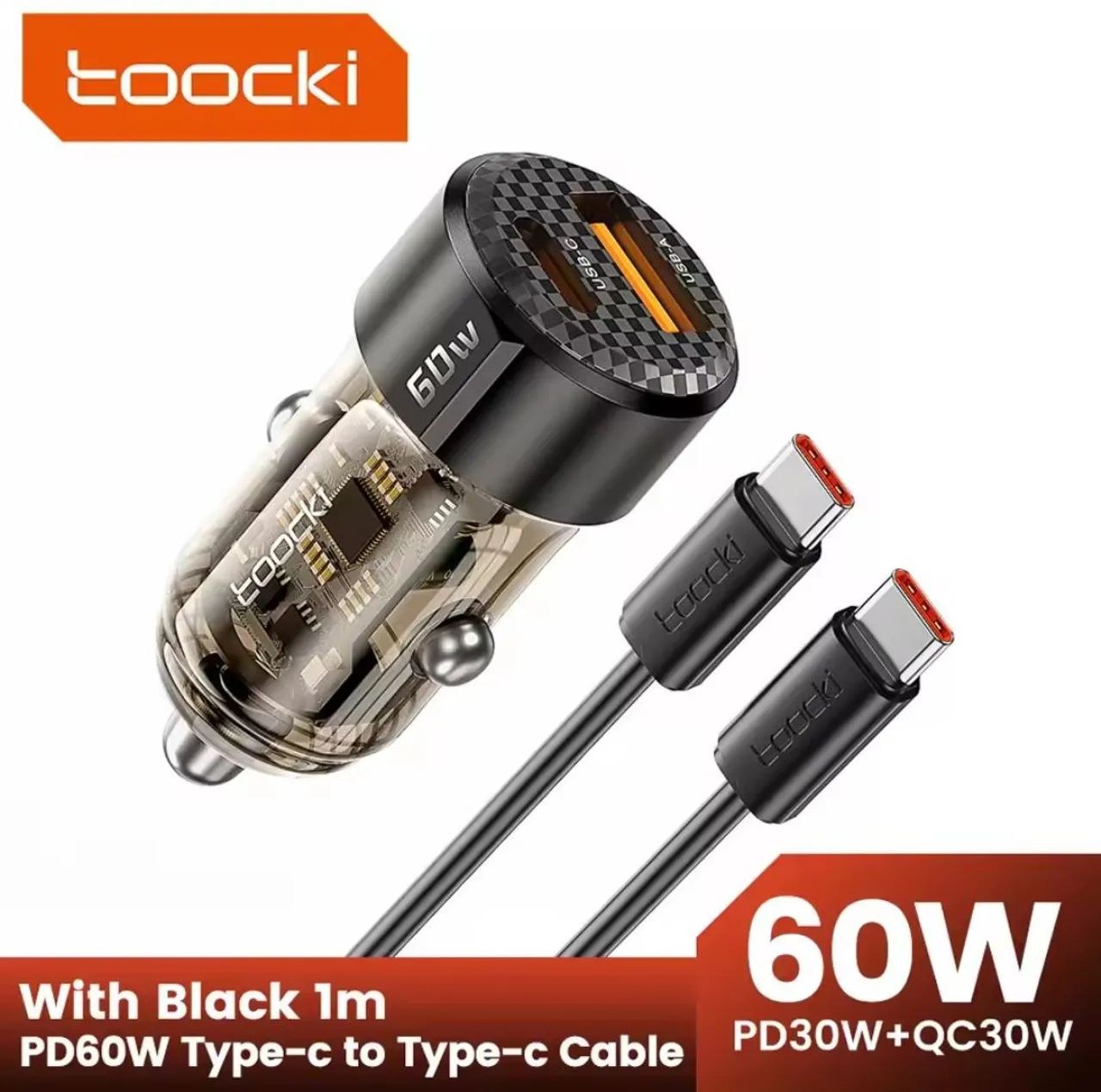 Kit Carregador + Cabo Veicular 60W Toocki PD30W+QC30W - Tipo C - Preto