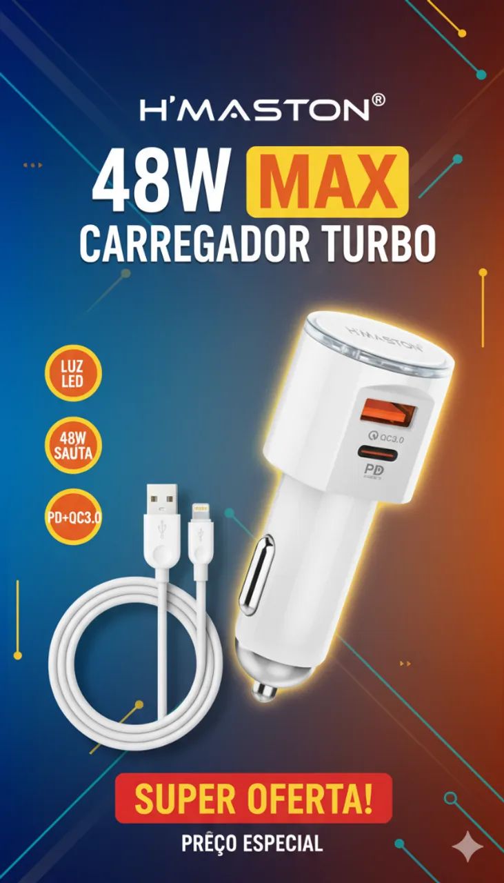Carregador Veicular Turbo H?Maston S18-2 48W com Cabo Lightning - PD + QC3.0