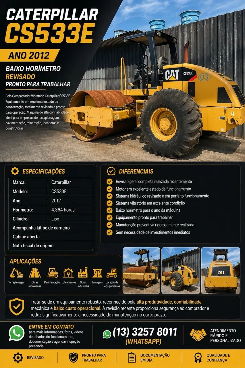 CATERPILLAR CS533E - ANO 2012 - BAIXO HORÍMETRO - REVISADO - PRONTO PARA TRABALHAR
