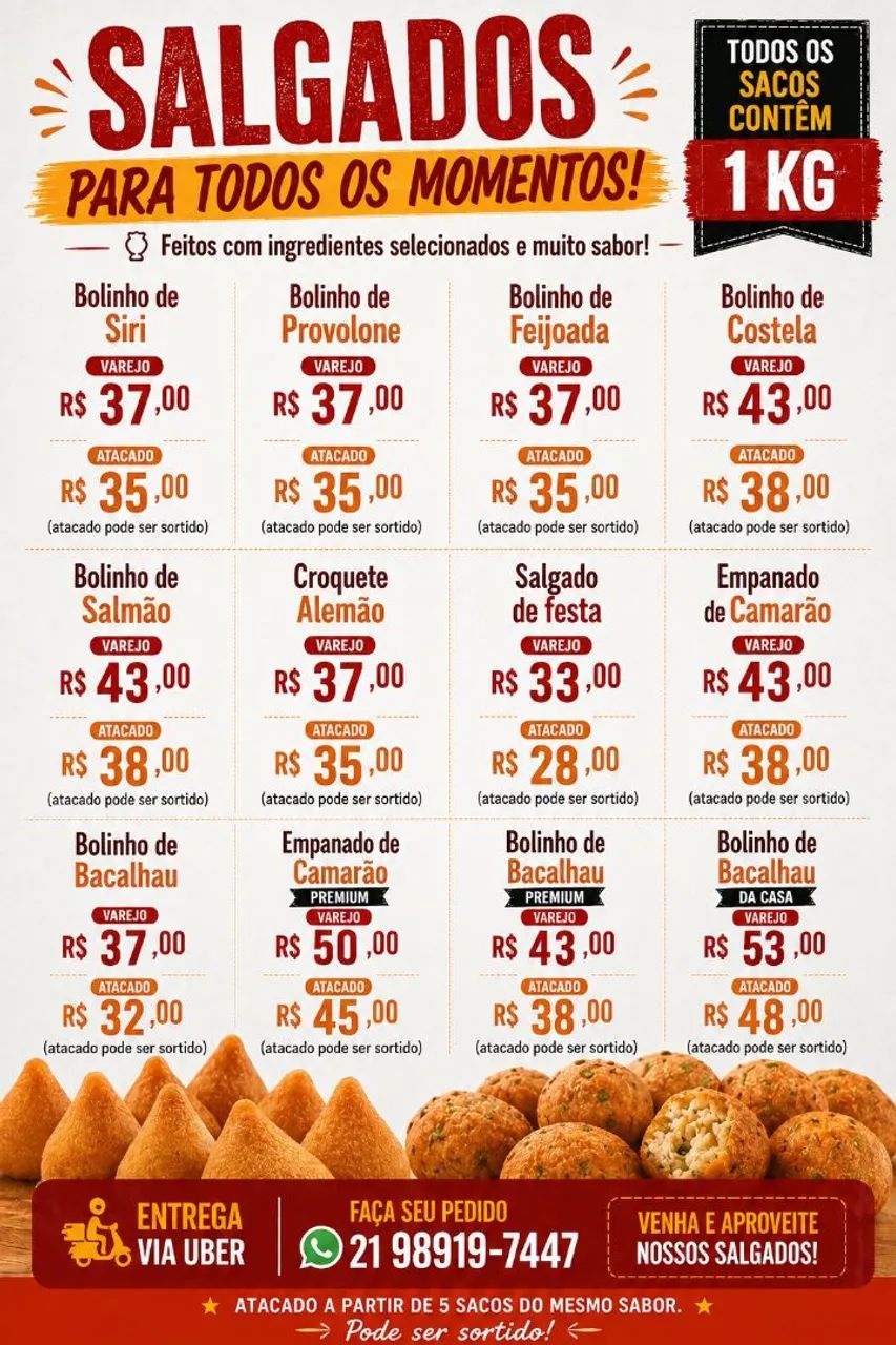 Salgados e bolinhos em geral VAREJO E ATACADO