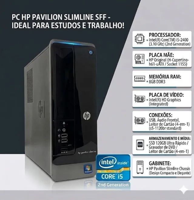PC HP Slim i5 | 8GB RAM | SSD 120GB | Office e Win 10