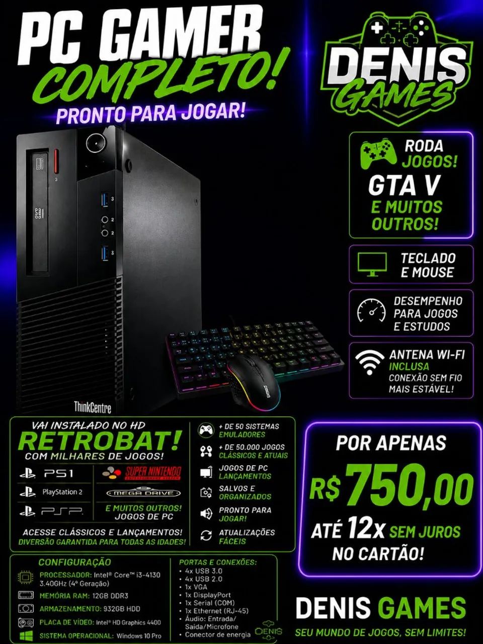 Pc thinkcentre 12gbs ram tera hd com teclado e mouse 