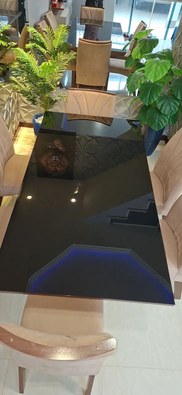 Mesa de jantar 6 cadeiras vidro preto