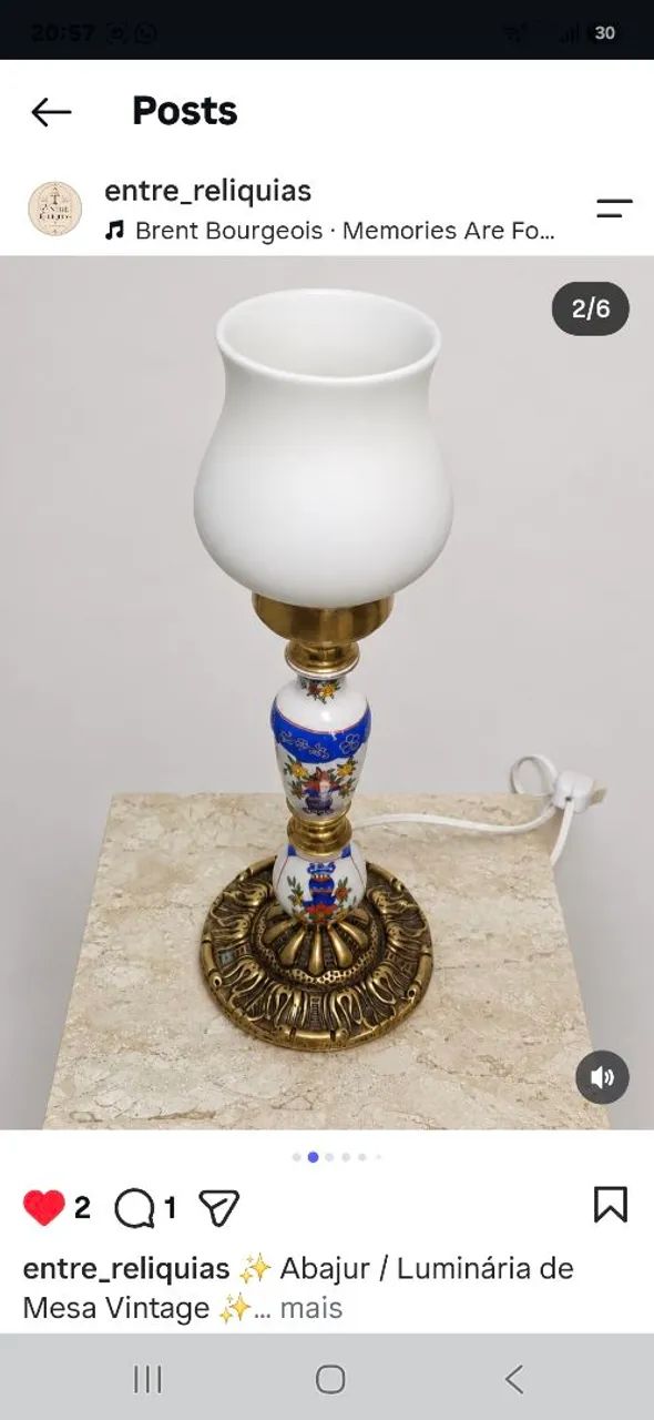 Abajur em Bronze e Porcelana com Cúpula Opalina  - Foto 3