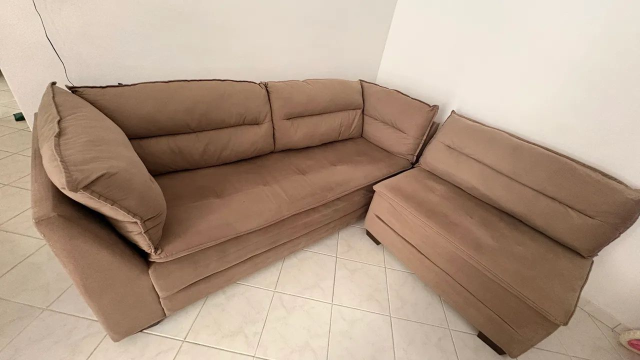 Sofá de Canto em L 5 Lugares - Bege/Marrom